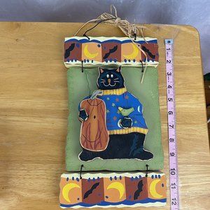 Rustic Pumpkin Black Cat Distressed Wood Fall Autumn Hanging Sign Home